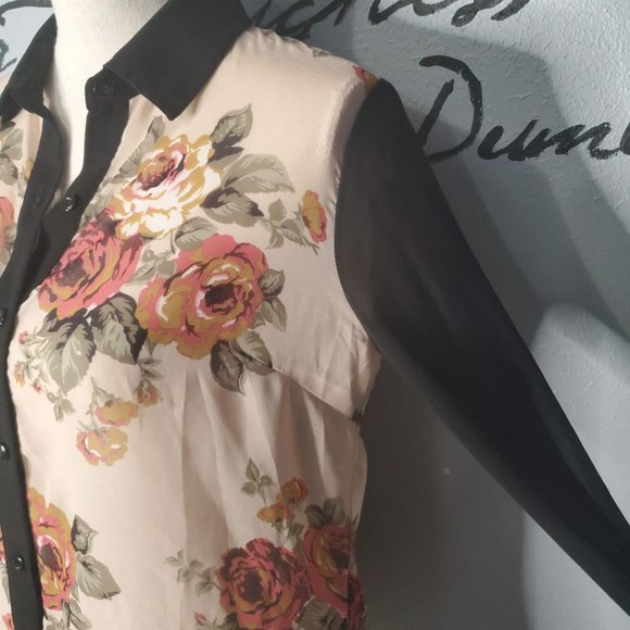 Forever 21 Chiffon Floral Button Up Top with Black Long Sleeve, S - Picture 2 of 5